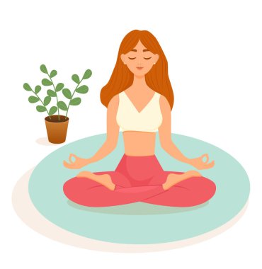 Kızıl saçlı kadın, beyaz arka planda mavi bir paspasın üzerinde nilüfer pozisyonunda yoga yapıyor. Asana yapan bir kadının vektör çizimi. Yoga, meditasyon, spor, sağlıklı yaşam tarzı.