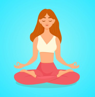 Kızıl saçlı kadın nilüfer pozisyonunda yoga yapıyor. Asana yapan bir kadının vektör çizimi. Yoga, meditasyon, spor, sağlıklı yaşam tarzı. Genç ve mutlu kadın meditasyon yapıyor..
