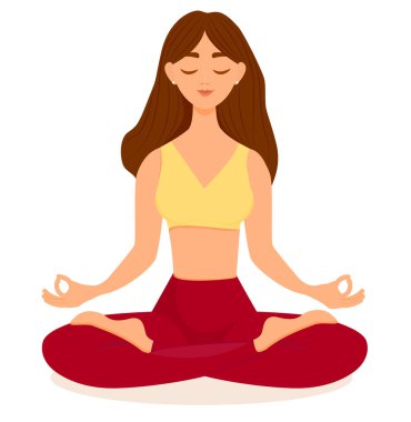 Esmer kız lotus pozisyonunda yoga yapıyor. Asana yapan bir kadının vektör çizimi. Yoga, meditasyon, spor, sağlıklı yaşam tarzı. Genç ve mutlu kadın meditasyon yapıyor..