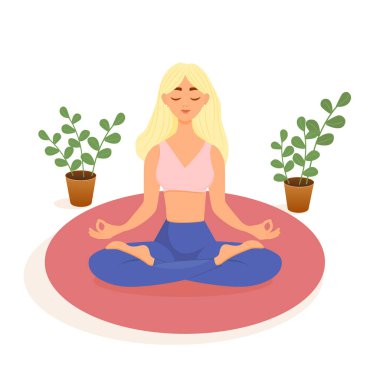 Sarışın bir kız, beyaz bir arka planda pembe bir halıda nilüfer pozisyonunda yoga yapıyor. Asana yapan bir kadının vektör çizimi. Yoga, meditasyon, spor, sağlıklı yaşam tarzı.