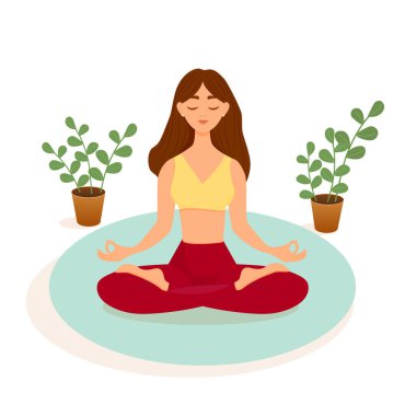 Esmer kız, beyaz bir arka planda mavi bir halıda nilüfer pozisyonunda yoga yapıyor. Asana yapan bir kadının vektör çizimi. Yoga, meditasyon, spor, sağlıklı yaşam tarzı.