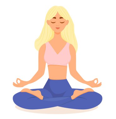 Sarışın bir kız lotus pozisyonunda yoga yapıyor. Asana yapan bir kadının vektör çizimi. Yoga, meditasyon, spor, sağlıklı yaşam tarzı. Genç ve mutlu kadın meditasyon yapıyor..