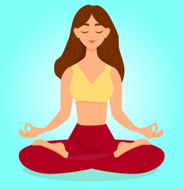 Esmer kız lotus pozisyonunda yoga yapıyor. Asana yapan bir kadının vektör çizimi. Yoga, meditasyon, spor, sağlıklı yaşam tarzı. Genç ve mutlu kadın meditasyon yapıyor..