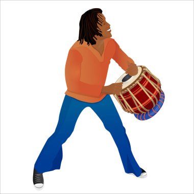 Davulu olan Afrikalı Amerikalı bir erkek dansçının vektör çizimi. Davul tambla. Beyaz arka planda reklam, poster ve afiş veren bir dansçının tasviri.