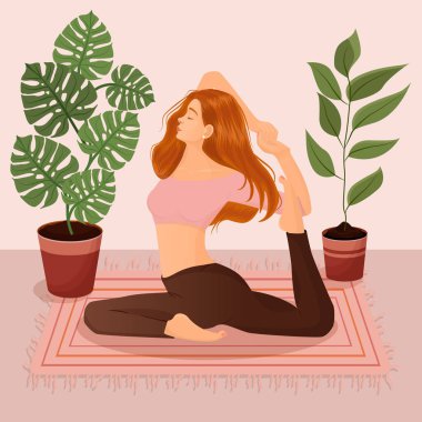 Çiçekli ve yapraklı tencerelerin arkasında yoga yapan kızıl saçlı bir kızın vektör çizimi. Yoga, meditasyon, spor, sağlıklı yaşam tarzı, yoga pozları, Asana.