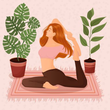 Çiçekli ve yapraklı tencerelerin arkasında yoga yapan kızıl saçlı bir kızın vektör çizimi. Yoga, meditasyon, spor, sağlıklı yaşam tarzı, yoga pozları, Asana.
