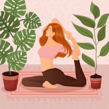 Çiçekli ve yapraklı tencerelerin arkasında yoga yapan kızıl saçlı bir kızın vektör çizimi. Yoga, meditasyon, spor, sağlıklı yaşam tarzı, yoga pozları, Asana.