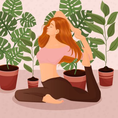 Çiçekli ve yapraklı tencerelerin arkasında yoga yapan kızıl saçlı bir kızın vektör çizimi. Yoga, meditasyon, spor, sağlıklı yaşam tarzı, yoga pozları, Asana.