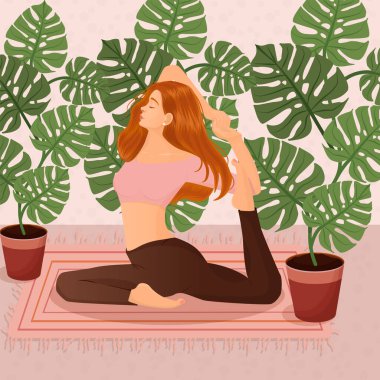 Çiçekli ve yapraklı tencerelerin arkasında yoga yapan kızıl saçlı bir kızın vektör çizimi. Yoga, meditasyon, spor, sağlıklı yaşam tarzı, yoga pozları, Asana.
