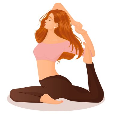Beyaz arka planda yoga yapan kızıl saçlı bir kızın vektör çizimi. Meditasyon konsepti, spor, sağlıklı yaşam tarzı, yoga pozları, Asana. Spor kıyafetleri, apartman mobilyaları.