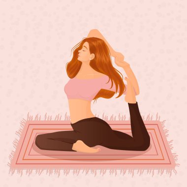 Kızıl saçlı bir kızın pembe bir arka planda halıya yoga yapışının vektör çizimi. Yoga, meditasyon, spor, sağlıklı yaşam tarzı, yoga pozları, Asana.