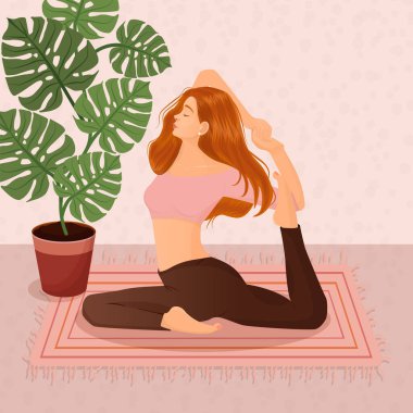 Çiçekli ve yapraklı tencerelerin arkasında yoga yapan kızıl saçlı bir kızın vektör çizimi. Yoga, meditasyon, spor, sağlıklı yaşam tarzı, yoga pozları, Asana.
