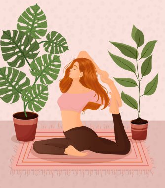 Çiçekli ve yapraklı tencerelerin arkasında yoga yapan kızıl saçlı bir kızın vektör çizimi. Yoga, meditasyon, spor, sağlıklı yaşam tarzı, yoga pozları, Asana.