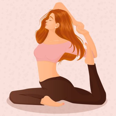Pembe arka planda yoga yapan kızıl saçlı bir kızın vektör çizimi. Meditasyon konsepti, spor, sağlıklı yaşam tarzı, yoga pozları, Asana. Spor kıyafetleri, apartman mobilyaları.