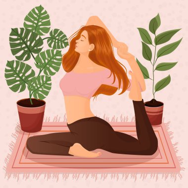 Çiçekli ve yapraklı tencerelerin arkasında yoga yapan kızıl saçlı bir kızın vektör çizimi. Yoga, meditasyon, spor, sağlıklı yaşam tarzı, yoga pozları, Asana.
