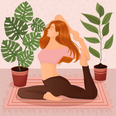 Çiçekli ve yapraklı tencerelerin arkasında yoga yapan kızıl saçlı bir kızın vektör çizimi. Yoga, meditasyon, spor, sağlıklı yaşam tarzı, yoga pozları, Asana.