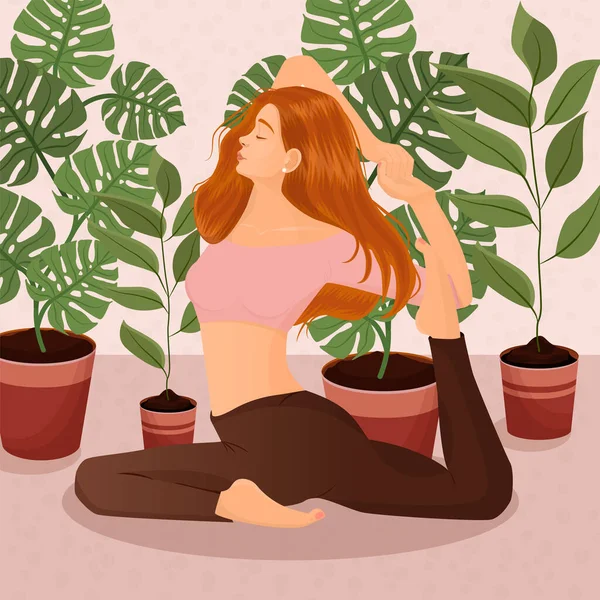 Vektor Illustration Eines Rothaarigen Mädchens Beim Yoga Hause Auf Dem — Stockvektor