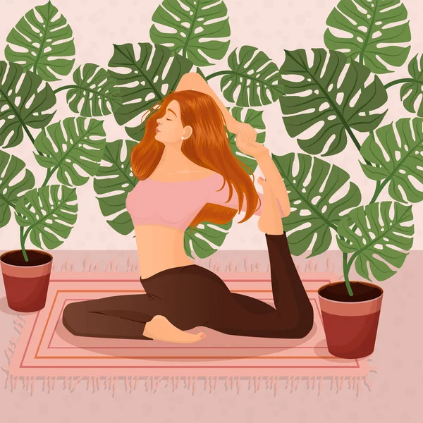 Ilustración Vectorial Una Niña Pelirroja Haciendo Yoga Casa Sobre Fondo — Vector de stock