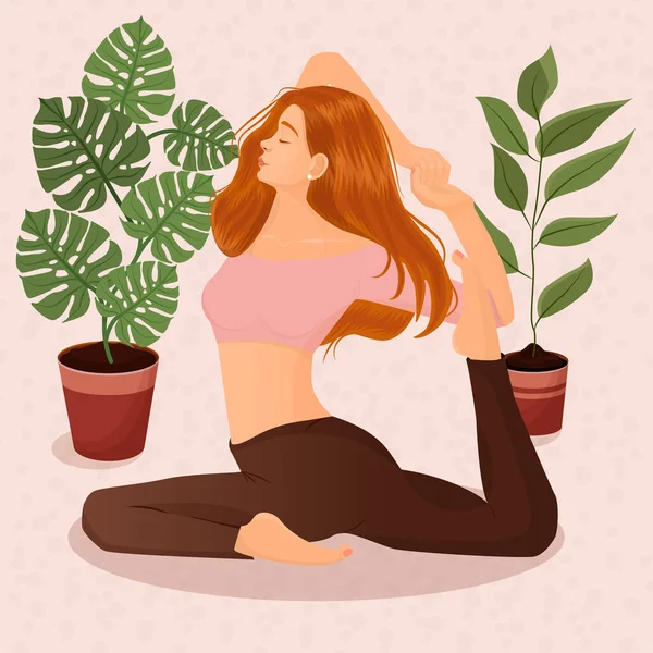 Vector Illustration Red Haired Girl Doing Yoga Home Background Pots — Stock Vector
