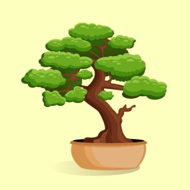 Sarı izole edilmiş bir arka planda saksıdaki bonsai ağacının vektör çizimi. Ev minyatür bonsai bitkisi. Reklam, web sitesi, logo, afiş, kartpostal, oyun, menü, uygulama