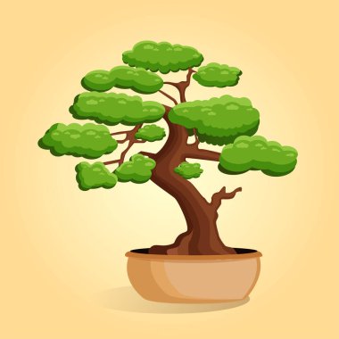 Sarı izole edilmiş bir arka planda saksıdaki bonsai ağacının vektör çizimi. Ev minyatür bonsai bitkisi. Reklam, web sitesi, logo, afiş, kartpostal, oyun, menü, uygulama