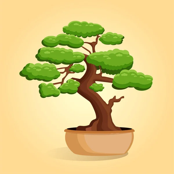 Ilustração Vetorial Árvore Bonsai Vaso Fundo Isolado Amarelo Casa Planta — Vetor de Stock