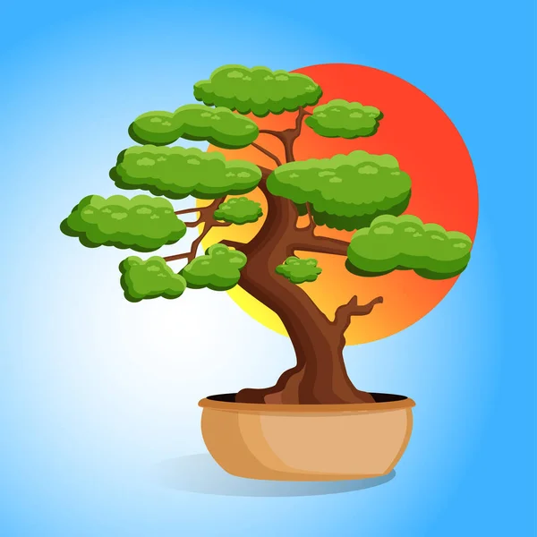 Векторная Иллюстрация Дерева Бонсай Кастрюле Фоне Заката Японского Солнца Домашний — стоковый вектор