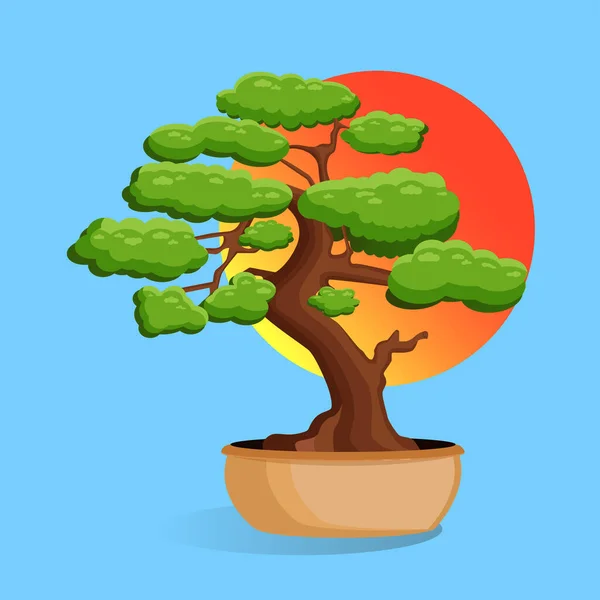 Vektor Illustration Bonsai Träd Kruka Bakgrunden Solnedgången Den Japanska Solen — Stock vektor