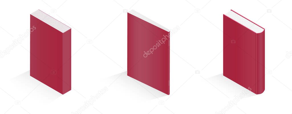 Set of vector illustrations of books and notebook on a white background. Saddle stitch, thread sewn-glued, round spine case bound. Illustrations of books for kids, logo, website, application, booklet