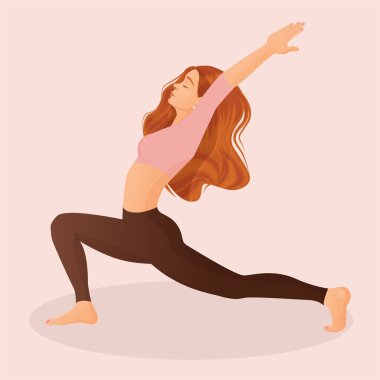 Pembe arka planda spor pozu veren genç bir kızın vektör çizimi. Yoga, meditasyon, spor, sağlıklı yaşam tarzı, yoga pozları, asanas, fitness, egzersiz, jimnastik, spor.