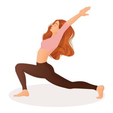 Beyaz bir arka planda spor pozu veren genç bir kızın vektör çizimi. Yoga, meditasyon, spor, sağlıklı yaşam tarzı, yoga pozları, asana, fitness, egzersiz, jimnastik, egzersiz.
