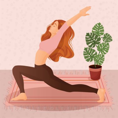 Evde yoga ve spor yapan genç bir kızın vektör çizimi. Yoga, meditasyon, spor, sağlıklı yaşam tarzı, yoga pozları, asana, fitness, egzersiz, jimnastik, egzersiz.