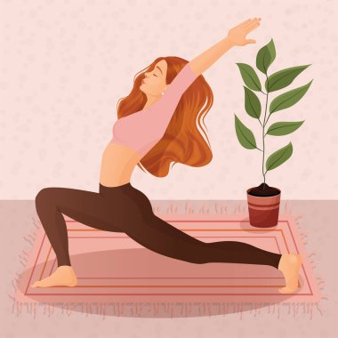 Evde yoga ve spor yapan genç bir kızın vektör çizimi. Yoga, meditasyon, spor, sağlıklı yaşam tarzı, yoga pozları, asana, fitness, egzersiz, jimnastik, egzersiz.