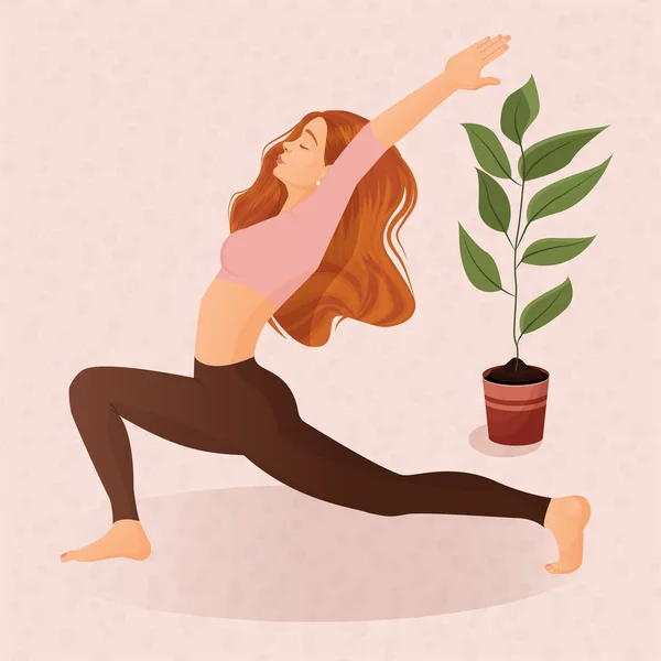 Vektorillustration Eines Jungen Mädchens Das Hause Yoga Und Sport Macht — Stockvektor