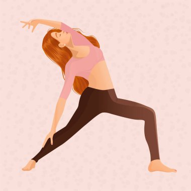 Pembe arka planda bir kız dansçının vektör çizimi. Yoga, meditasyon, spor, sağlıklı yaşam tarzı, dans, dans hareketleri, fitness, egzersiz, jimnastik, spor.