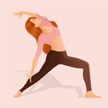 Pembe arka planda bir kız dansçının vektör çizimi. Yoga, meditasyon, spor, sağlıklı yaşam tarzı, dans, dans hareketleri, fitness, egzersiz, jimnastik, spor.