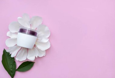 Kremalı beyaz bir kap pembe arka planda yeşil yapraklı beyaz bir çiçeğin üzerinde duruyor, kopyalama alanı. Pembe izole edilmiş arka planda beyaz yapraklı kozmetik. Çiçek konsepti