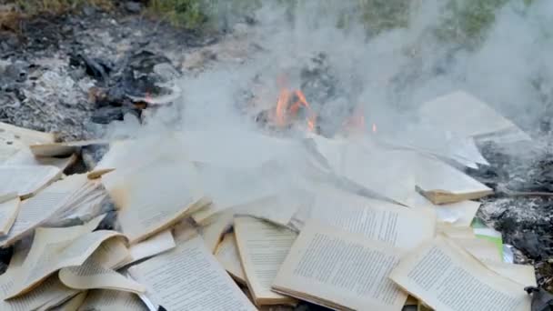 Veel Brandende Boeken Gegooid Door Berg Pagina Met Tekst Open — Stockvideo