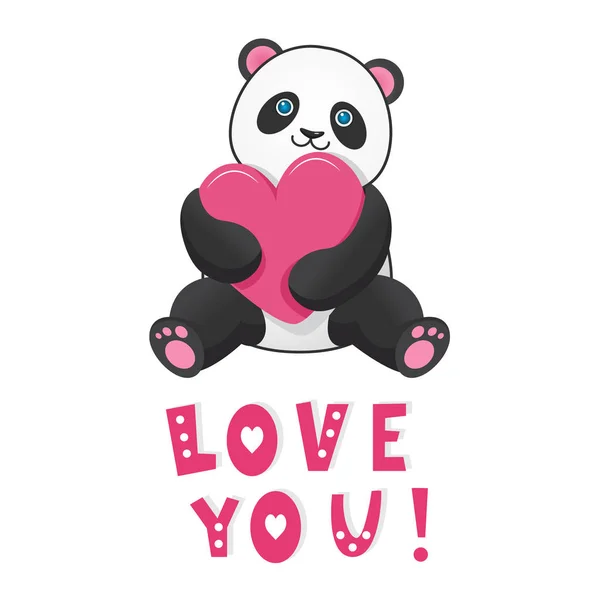 Panda drôle avec coeur rose avec texte vous aime — Image vectorielle