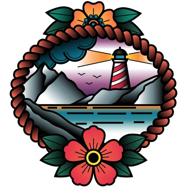 Oldschool geleneksel dövme vektör feneri günbatımı