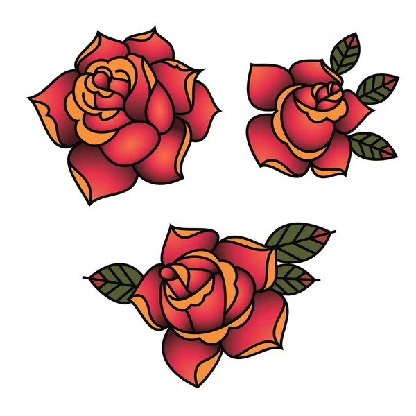 Oldschool tradicional tatuagem vetor rosas vermelhas com folhas — Vetor de Stock