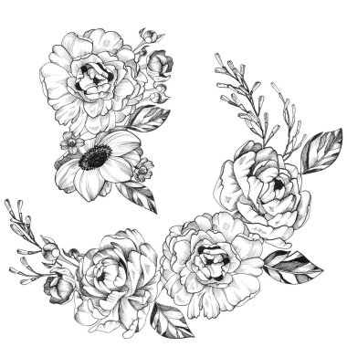 Siyah Mürekkep Dövme El Çizilmiş Buket