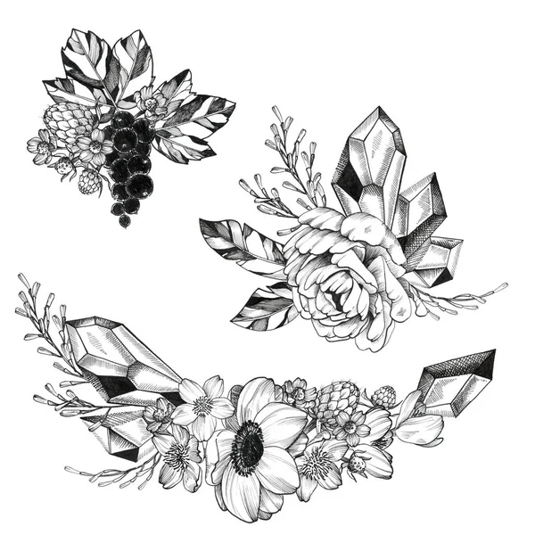 Black Ink Tattoo Hand Drawn Bouquet — Stock Photo, Image