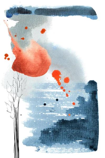 Kış Soyut Doğa ve Ana Hatlar Suluboya Kartı