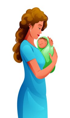 Anne kucağında yeni doğmuş bir bebek. Vektör çizgi film illüstrasyonu