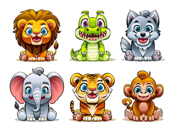 Conjunto Animales Salvajes Lindos Dibujos Animados Vectoriales Ilustración — Vector de stock