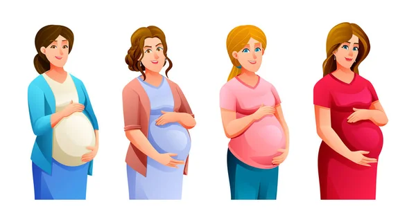 Conjunto Mujeres Embarazadas Abrazándose Vientre Dibujos Animados Vectoriales Ilustración — Vector de stock