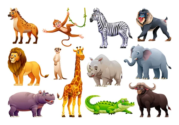 Conjunto Animales Salvajes Africanos Dibujos Animados Vectoriales Ilustración — Vector de stock