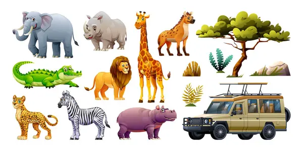 Zestaw Afrykańskich Safari Dzikich Zwierząt Elementów Ilustracja Kreskówki Wektor — Wektor stockowy