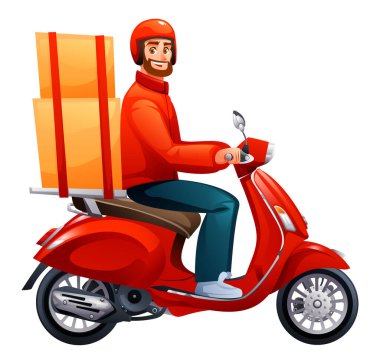 Kırmızı scooter 'la teslimat için paketler taşıyan gülen bir kurye. Hızlı teslimat servisi. Vektör çizgi film karakteri çizimi